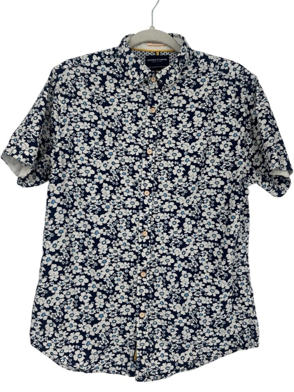 Denim & Flower Ricky Singh Slim Fit Floral Shirt M Navy Blue Cotton Tropical